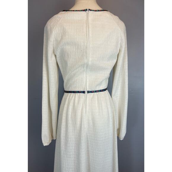 Vtg 70s Slub Knit White Boho Peasant Maxi Dress Rose Trim Boho Hippie Small - Picture 5 of 9